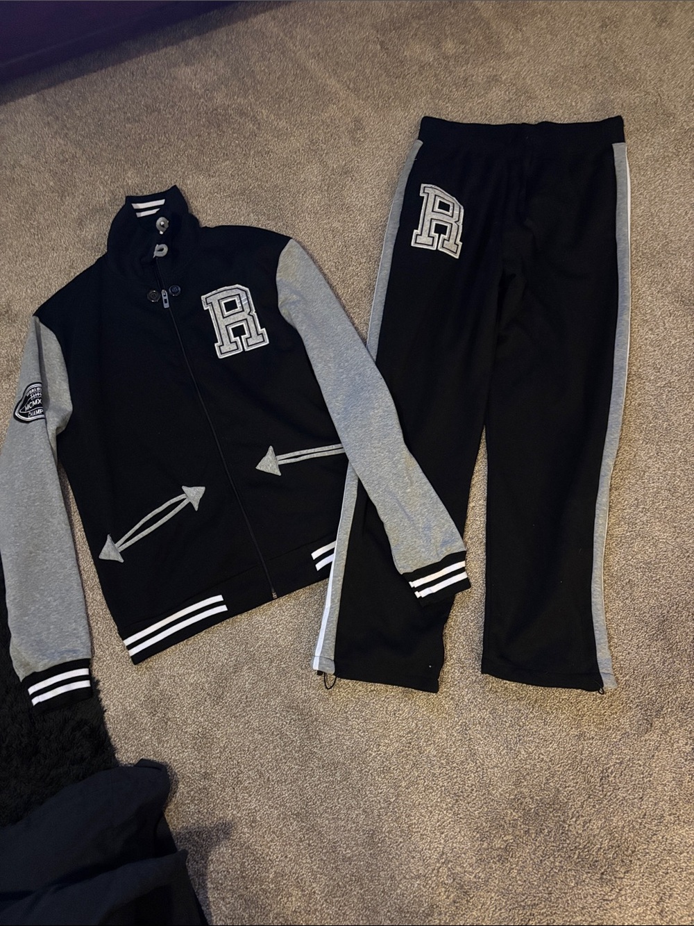 Black and Gray Varsity Bomber Jacket and Track Pants Set